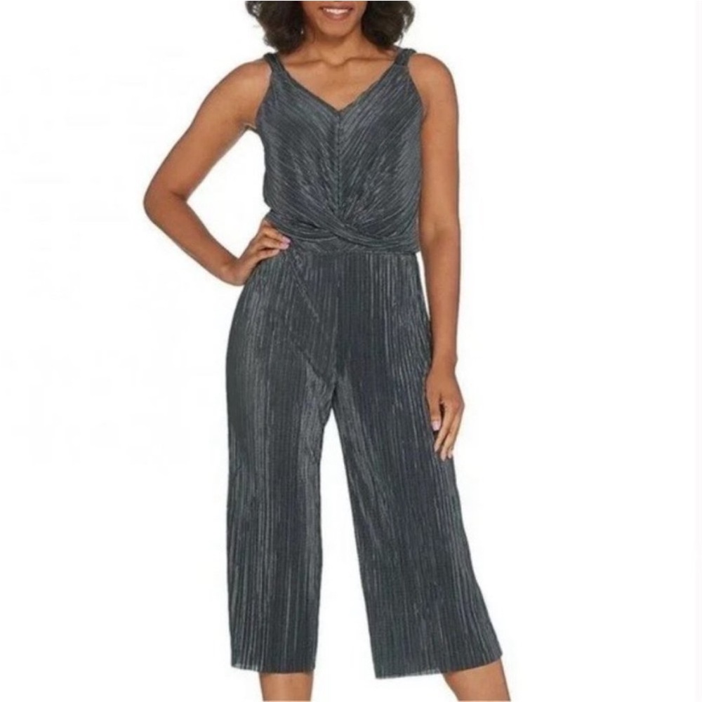 Black Plisse Micro Pleated Tank Top Cropped Wide Leg Jumpsuit - Picture 1 of 4